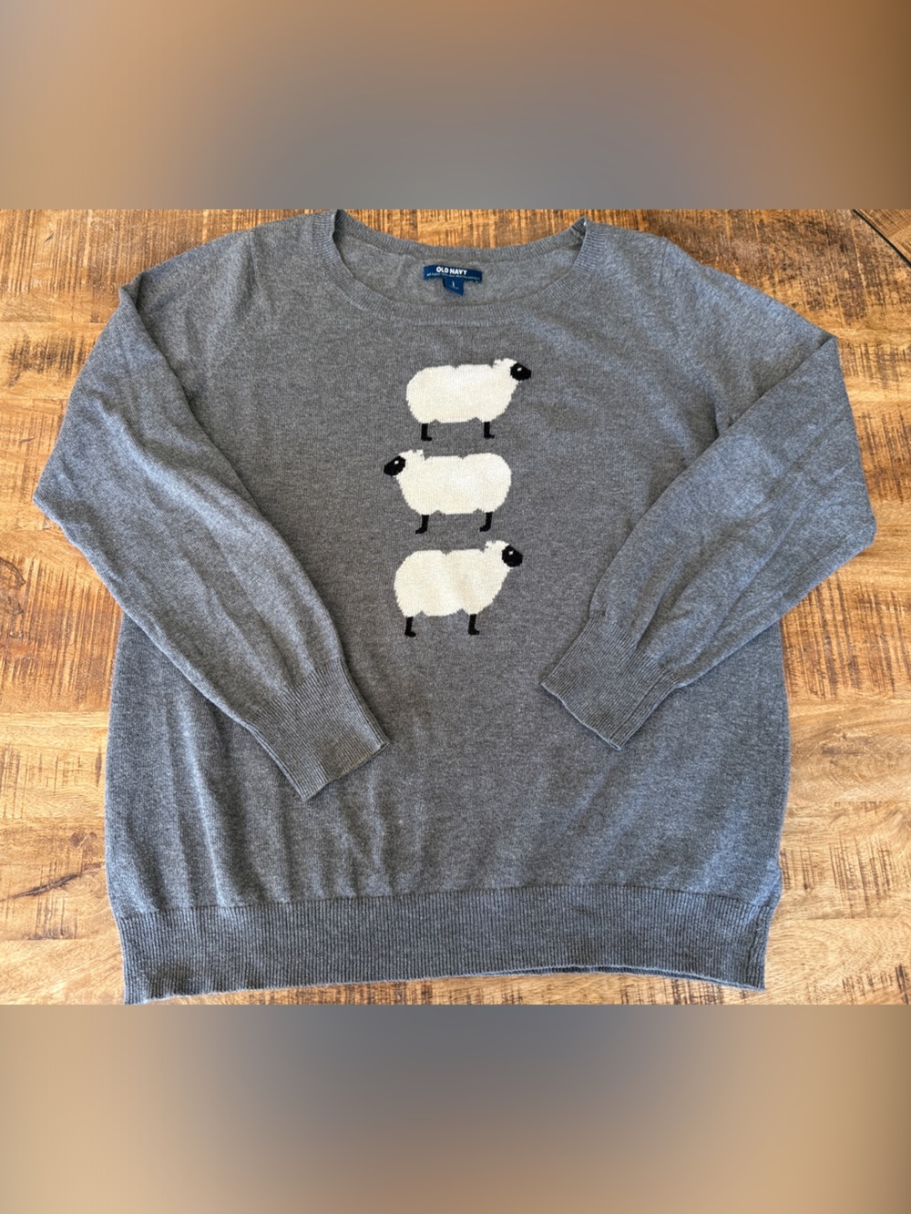 Vintage Old Navy Heathered Gray Crewneck Sweater with Stacked Sheep Motif